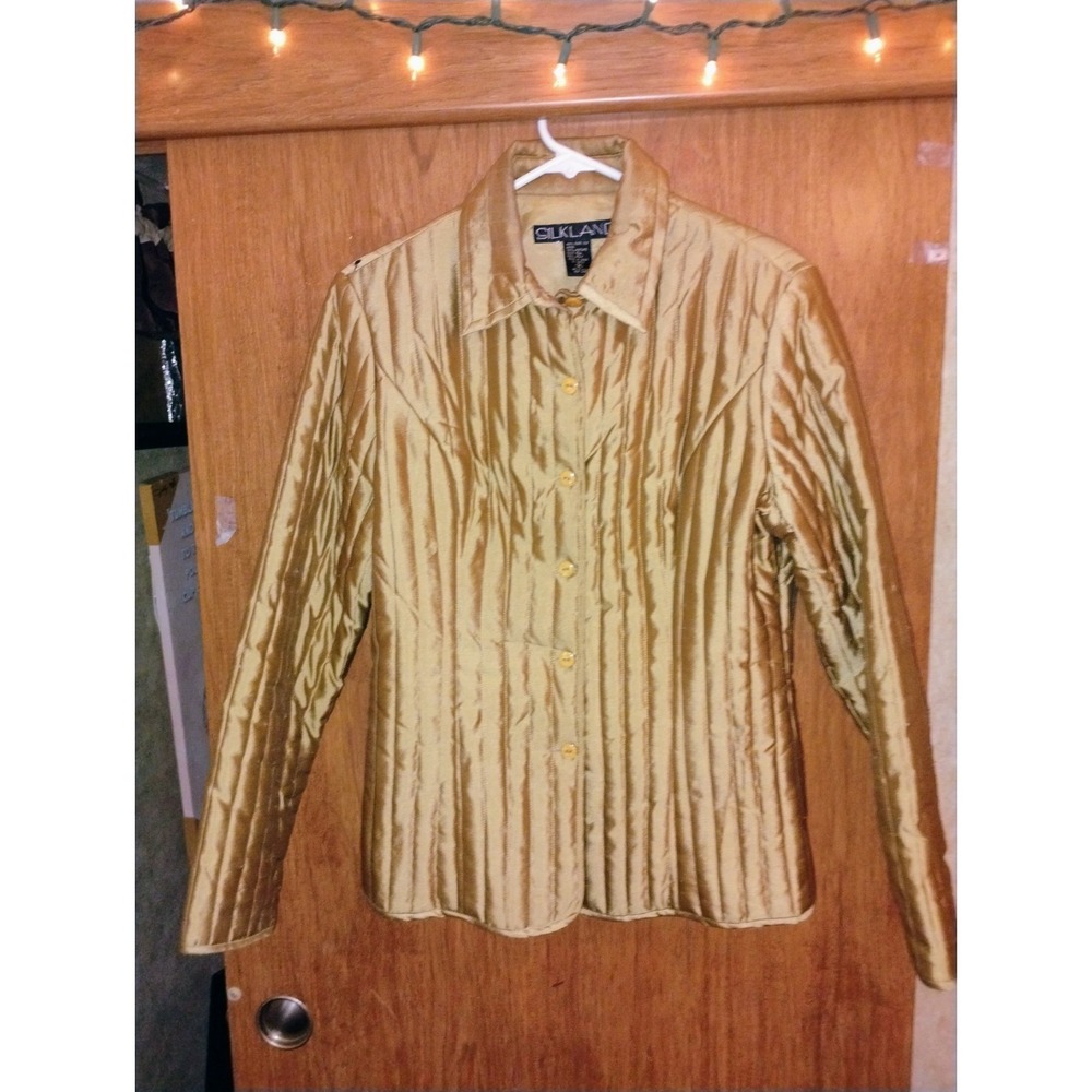 Silkland Women Sz M Gold Quilted 100% Pure Silk Button Front Jacket Shiny